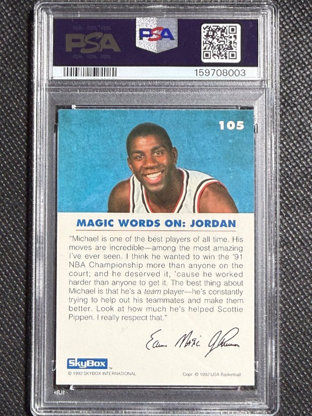 1992 SKYBOX USA BASKETBALL CARD #105 HOF MICHAEL JORDAN ON MAGIC JOHNSON PSA 9 - Picture 2 of 2